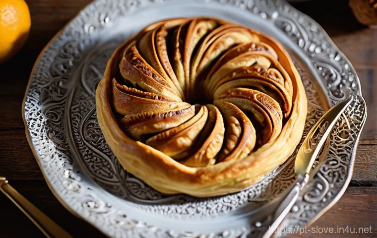 슬로베니아 포트주이 요리 - **Prompt 1: Classic Walnut Potica (Orahi)**
    A close-up, top-down shot of a perfectly baked, gold...