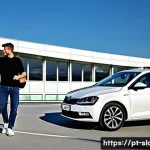 슬로베니아 렌터카 여행 팁 - **Prompt 1: Excitement of Arrival and Car Pick-up at Ljubljana Airport**
    A bright, wide-angle sh...