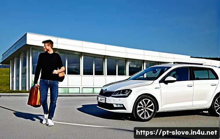 슬로베니아 렌터카 여행 팁 - **Prompt 1: Excitement of Arrival and Car Pick-up at Ljubljana Airport**
    A bright, wide-angle sh...