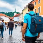 슬로베니아 소매치기 예방 방법 - A tourist in Ljubljana walking confidently through a crowded historic square, wearing a small, secur...