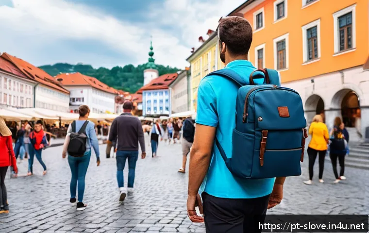 슬로베니아 소매치기 예방 방법 - A tourist in Ljubljana walking confidently through a crowded historic square, wearing a small, secur...