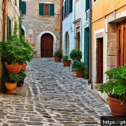 피란 해안 도시 탐방 - A narrow cobblestone medieval street in the coastal village of Pirano, featuring historic stone buil...