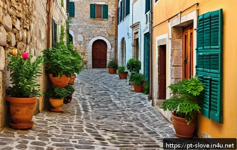 피란 해안 도시 탐방 - A narrow cobblestone medieval street in the coastal village of Pirano, featuring historic stone buil...
