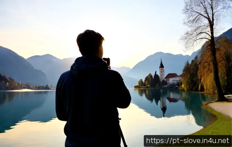 슬로베니아에서 유명한 유튜버 - Photorealistic young Slovenian travel video creator filming beside Lake Bled at sunrise, compact cam...